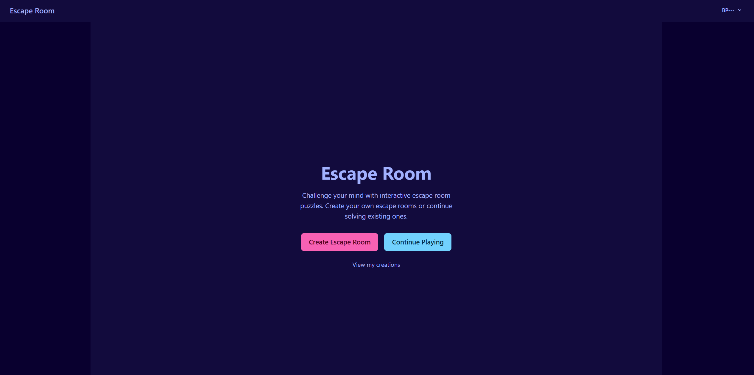 Landing page of the application